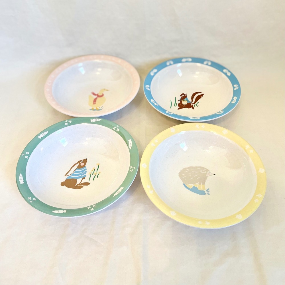 Pillowfort Melamine Woodland Animal Bowls Set of 4 Pink Blue Green Yellow Bunny